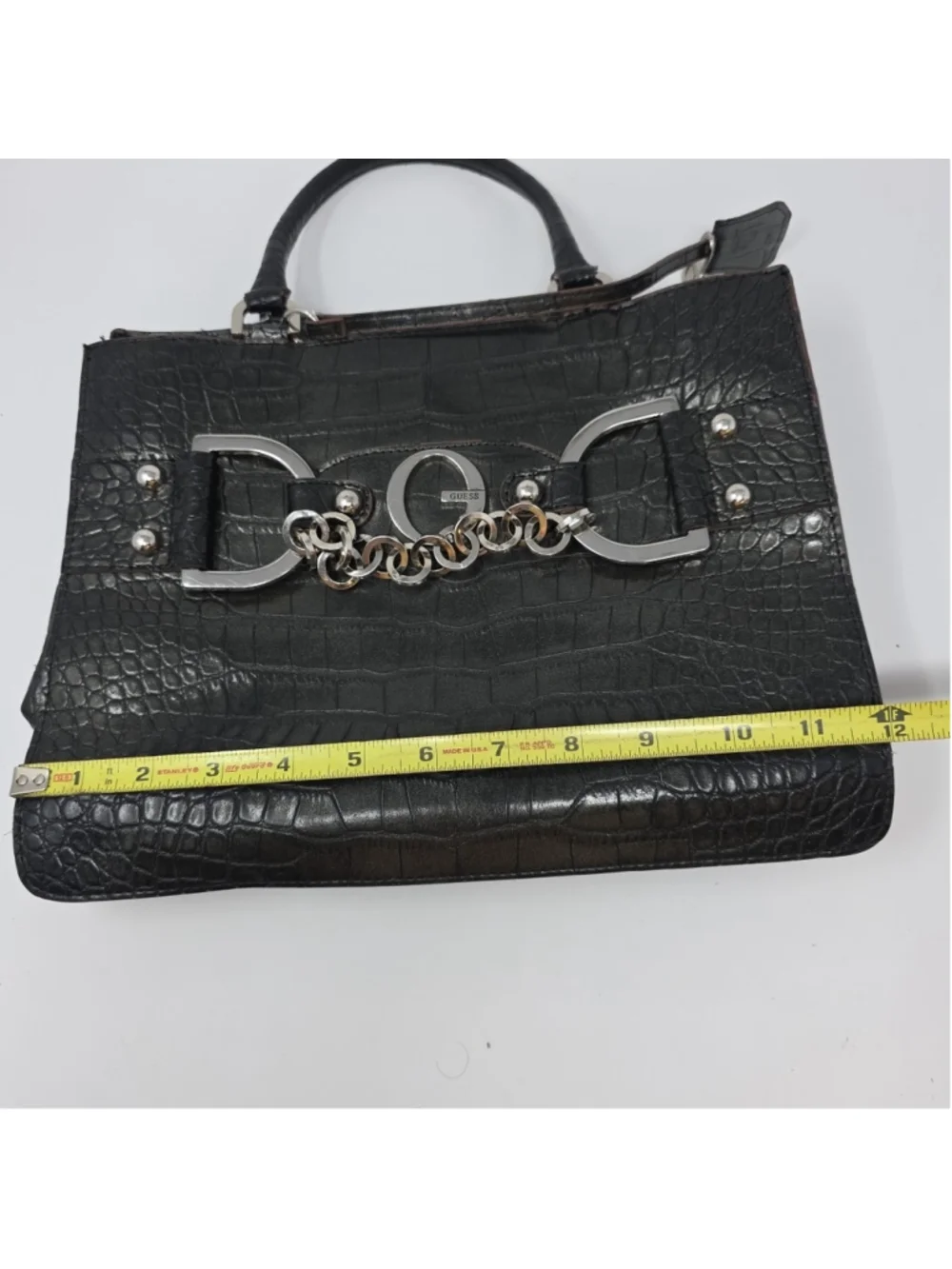 GUESS Y2K Vtg Black Croc Embossed Gunmetal Grey Bag Large Logo Designer Purse